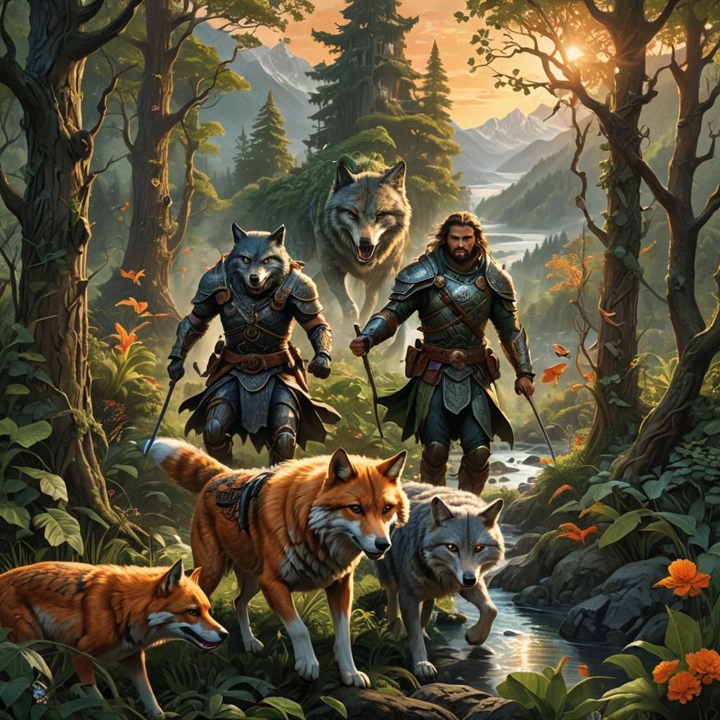 Warrior's Forest Run at Sunrise: Hyperrealistic Matte Painti...