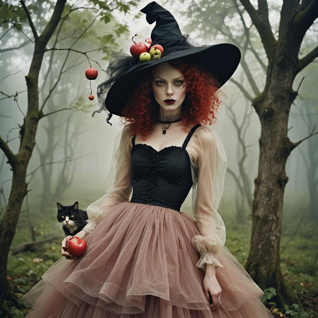 Enchanting Witch Portrait with Cat in Misty Summer