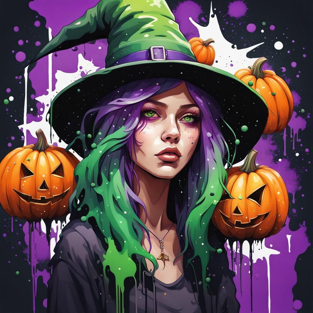 Colorful Graffiti Witch with Pumpkins and Stars