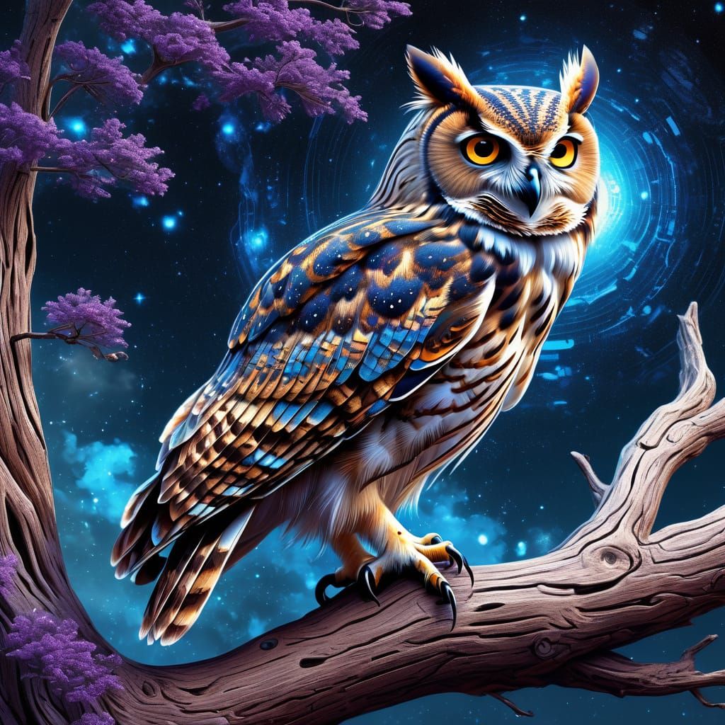 Majestic Clockwork Owl in Cosmic Nebula