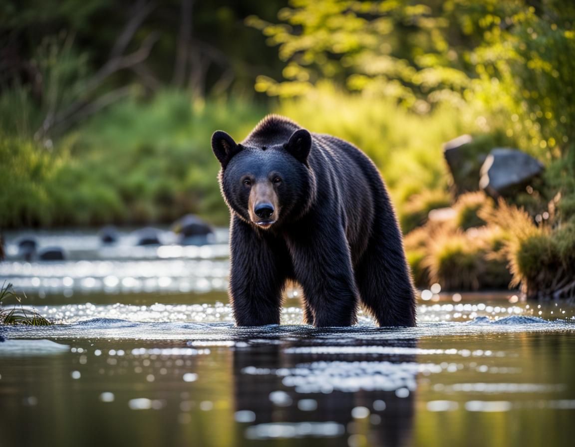 Black Bear Catching Salmon in Stream