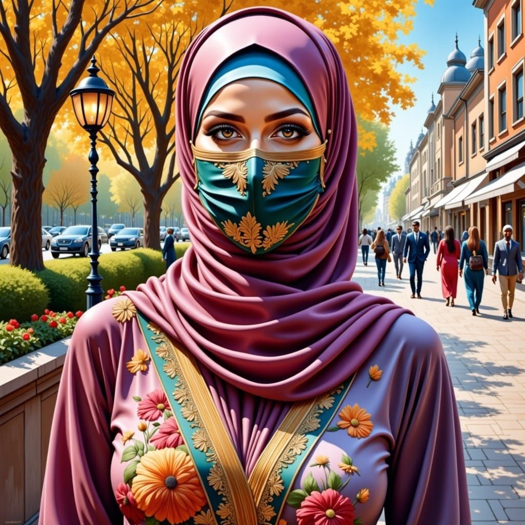 Art Nouveau Portrait: Serene Woman in Hijab