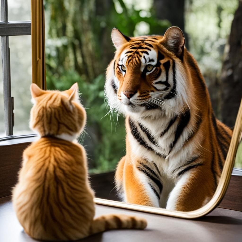 Cat and Tiger Reflection in a Mirror