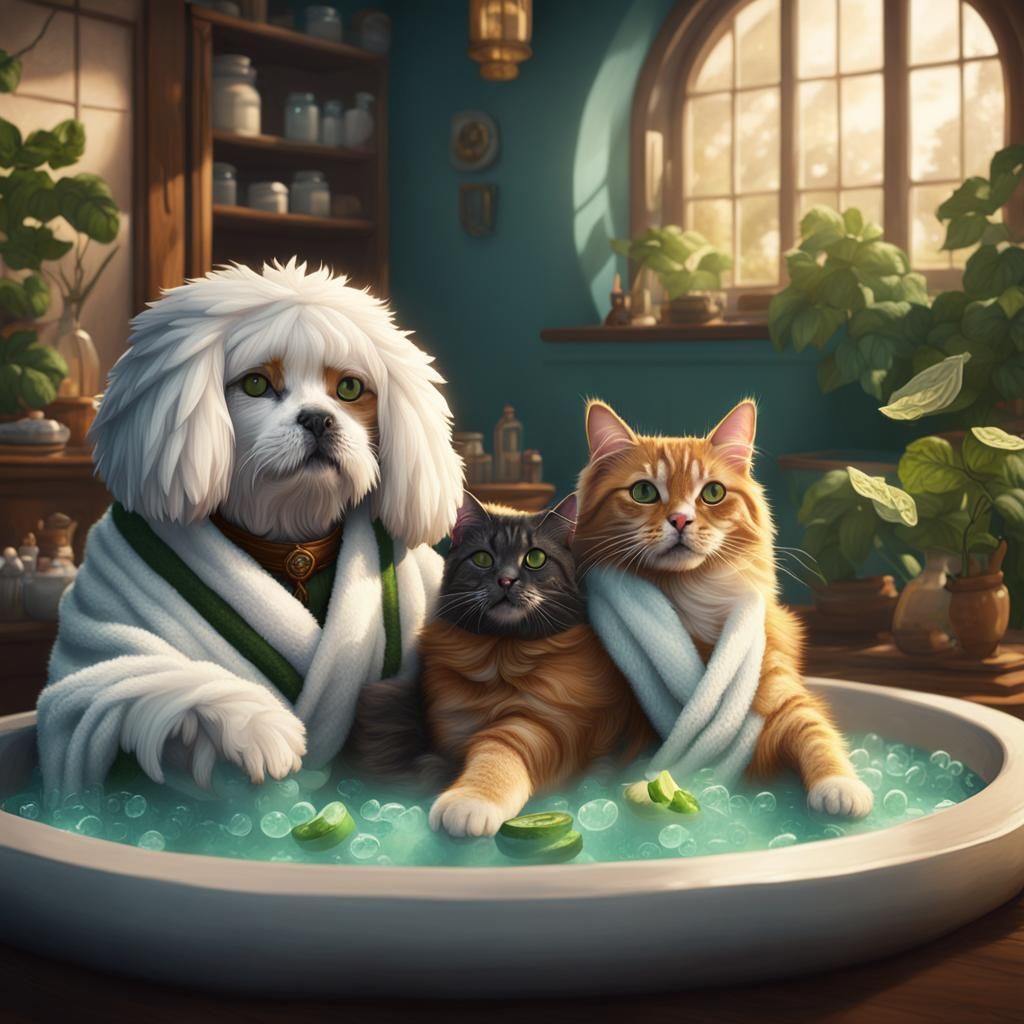 Cat and Dog Enjoying a Spa Day