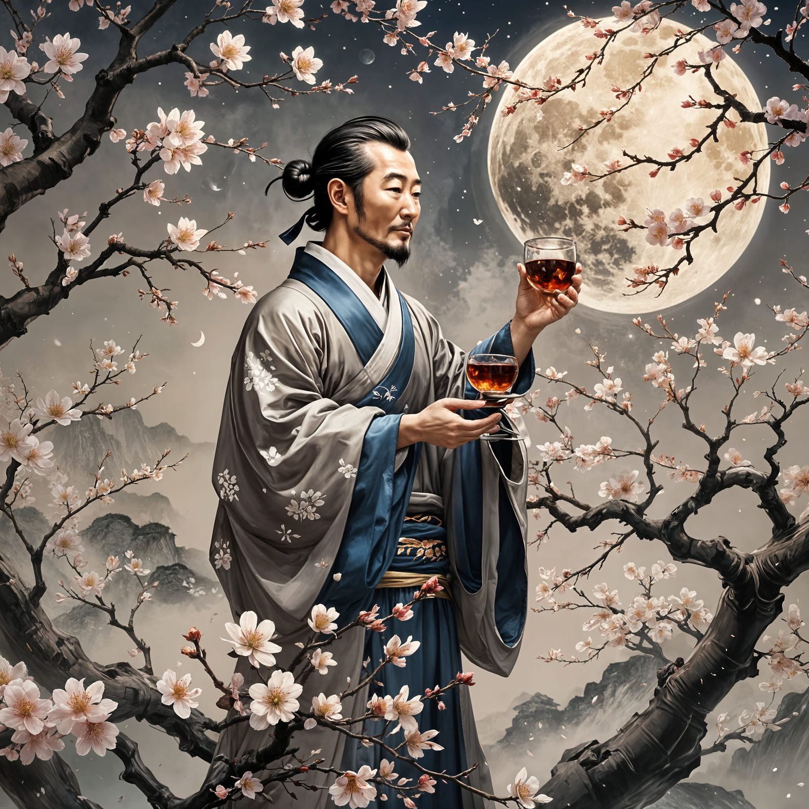Chinese Poet Drinks with the Moon: Detailed Matte Painting