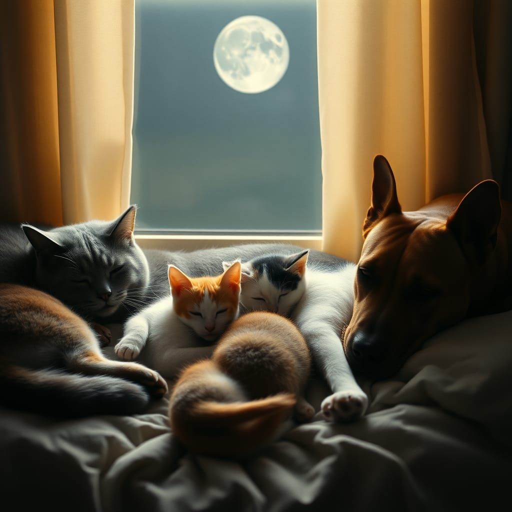 Tranquil Trio: Cats, Kittens, and Bulldog in Lunar Light