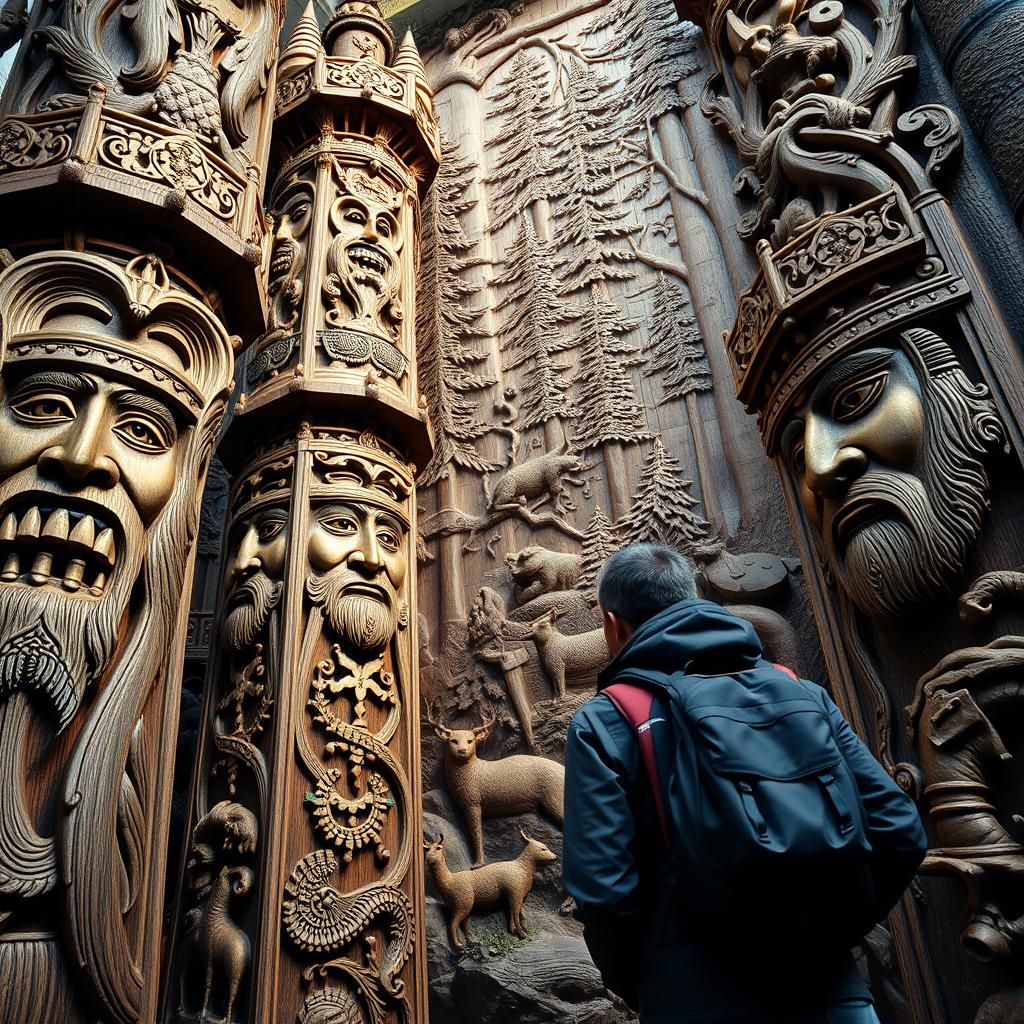Hikers Admire Intricate Hand-Carved Wooden Tower