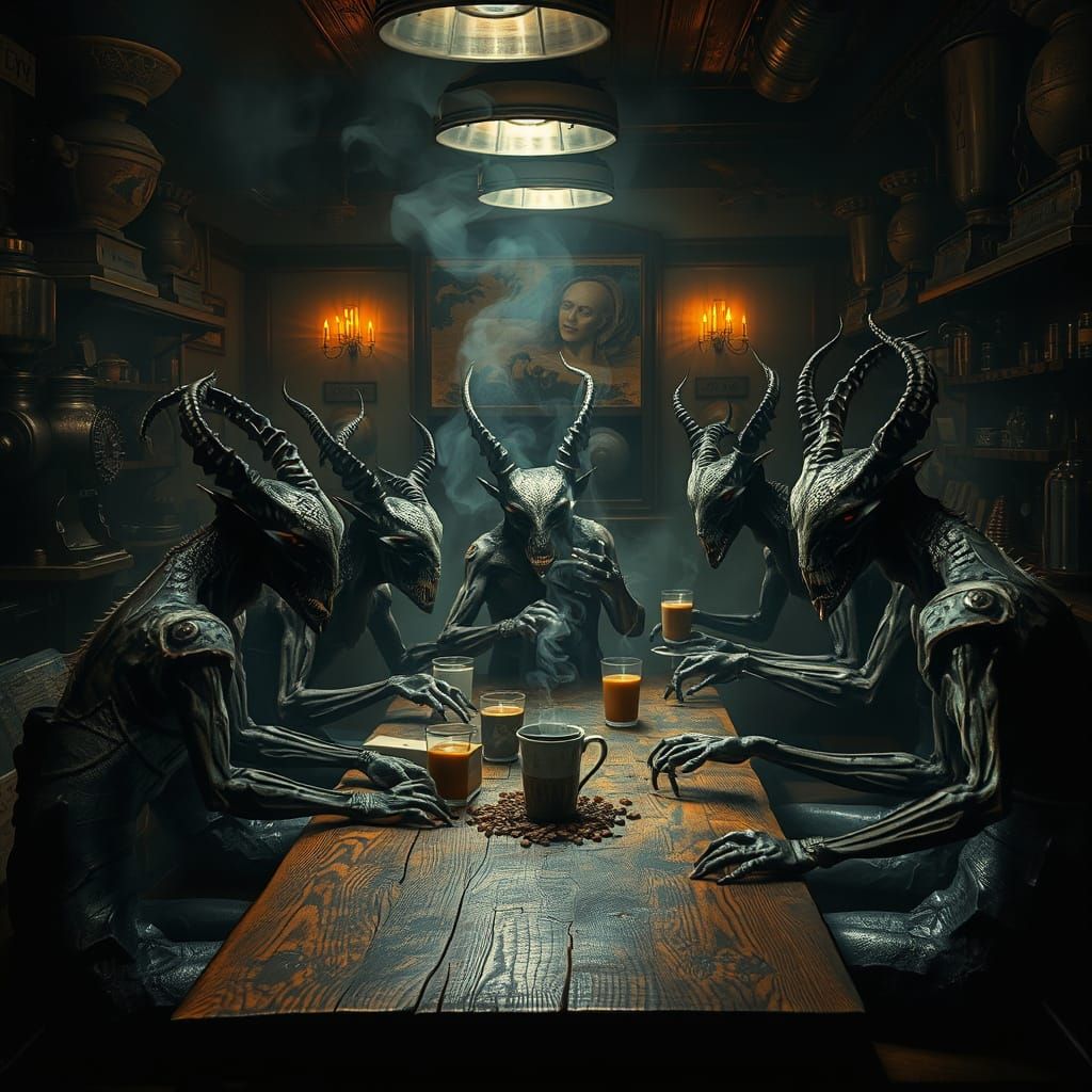 Demonic Coffee Club in Dark Surrealist Style
