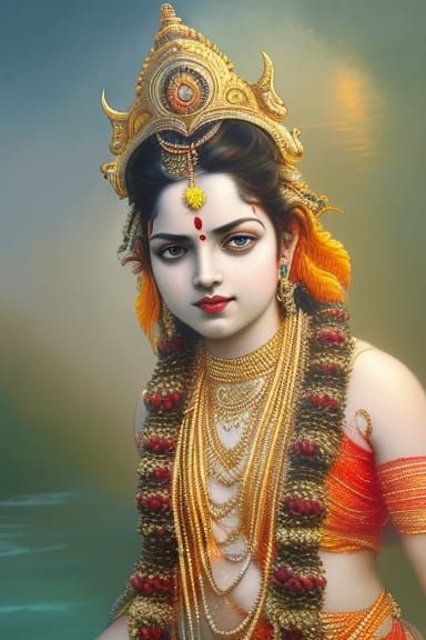 Ganga: Hindu Goddess Portrait in Art Nouveau Style