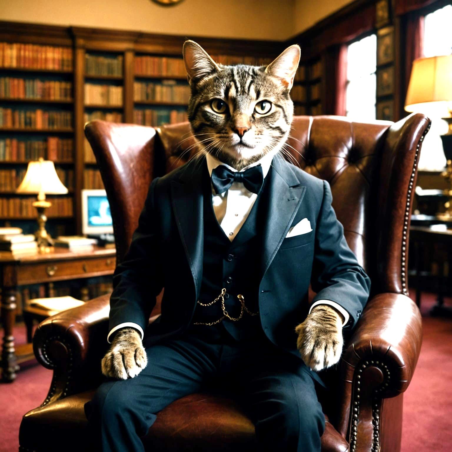 Staffordshire Bull Terrier in Tuxedo Directing Cats