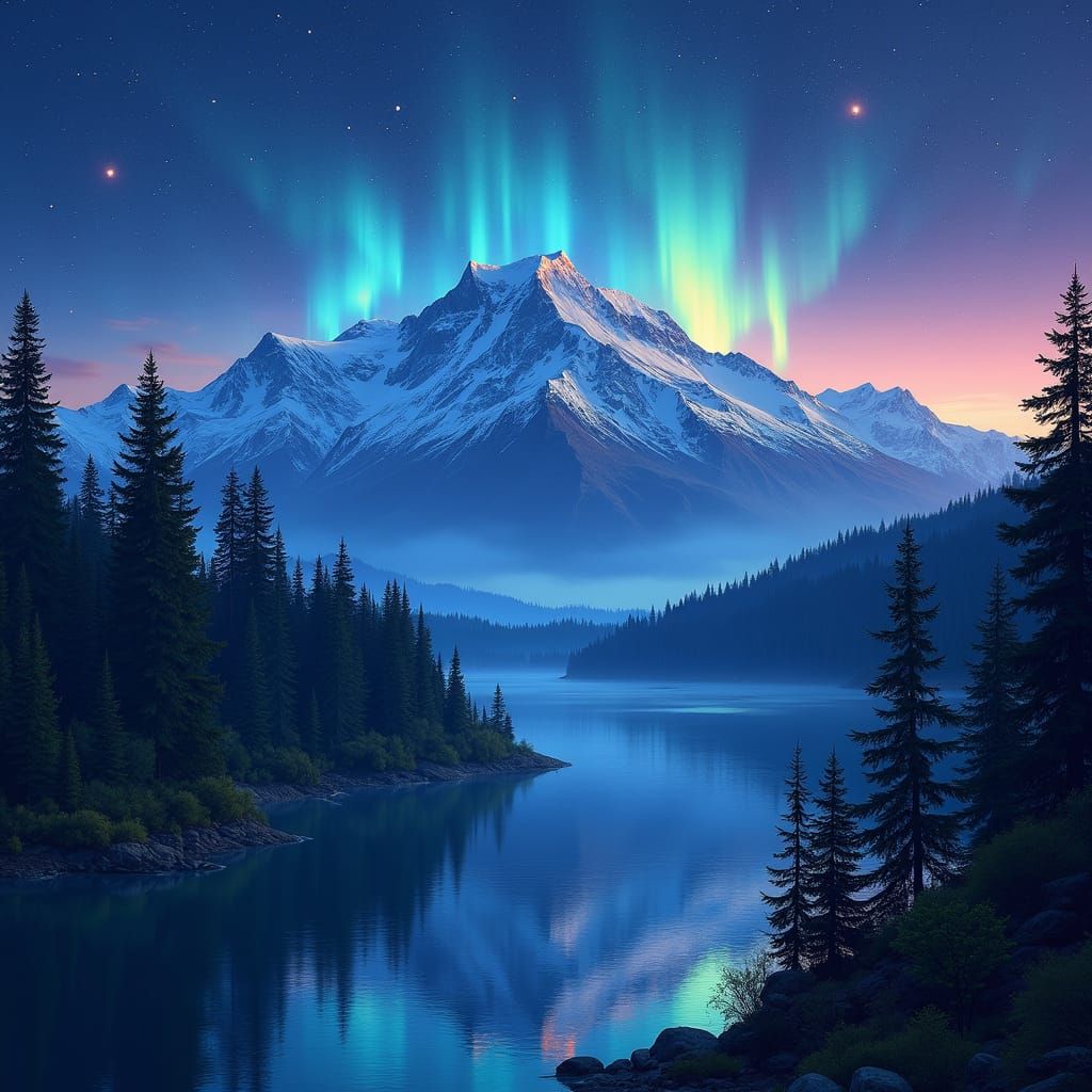 Majestic Mountain Range Under Starry Aurora Sky