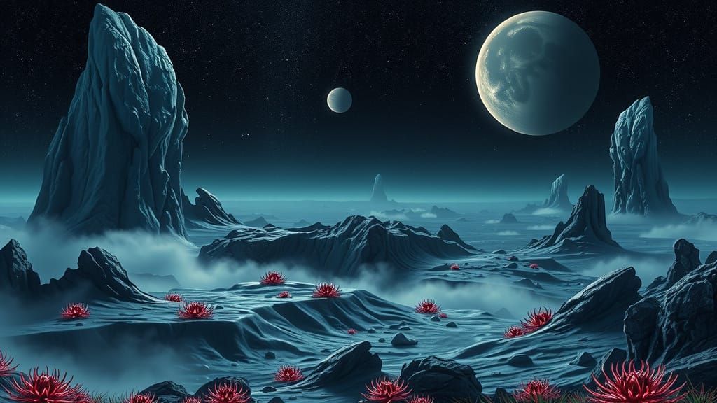 Surreal, Futuristic Alien Moonscape with Celestial Bodies an...