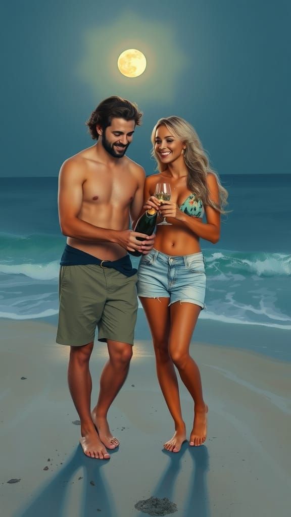 Romantic Beach Champagne Celebration in Impressionistic Styl...