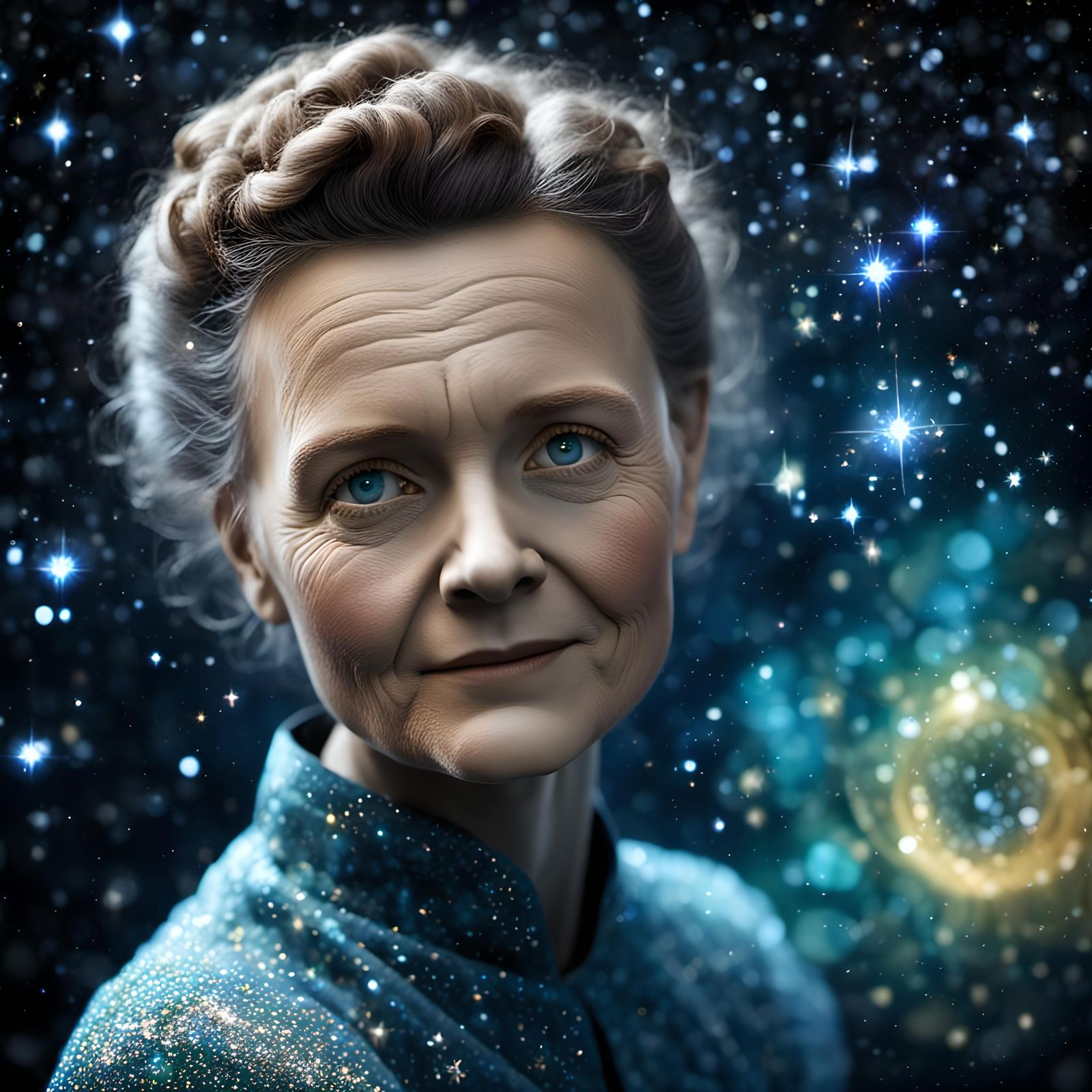 Marie Curie in Enchanted Cosmic Universe: 3D Portrait