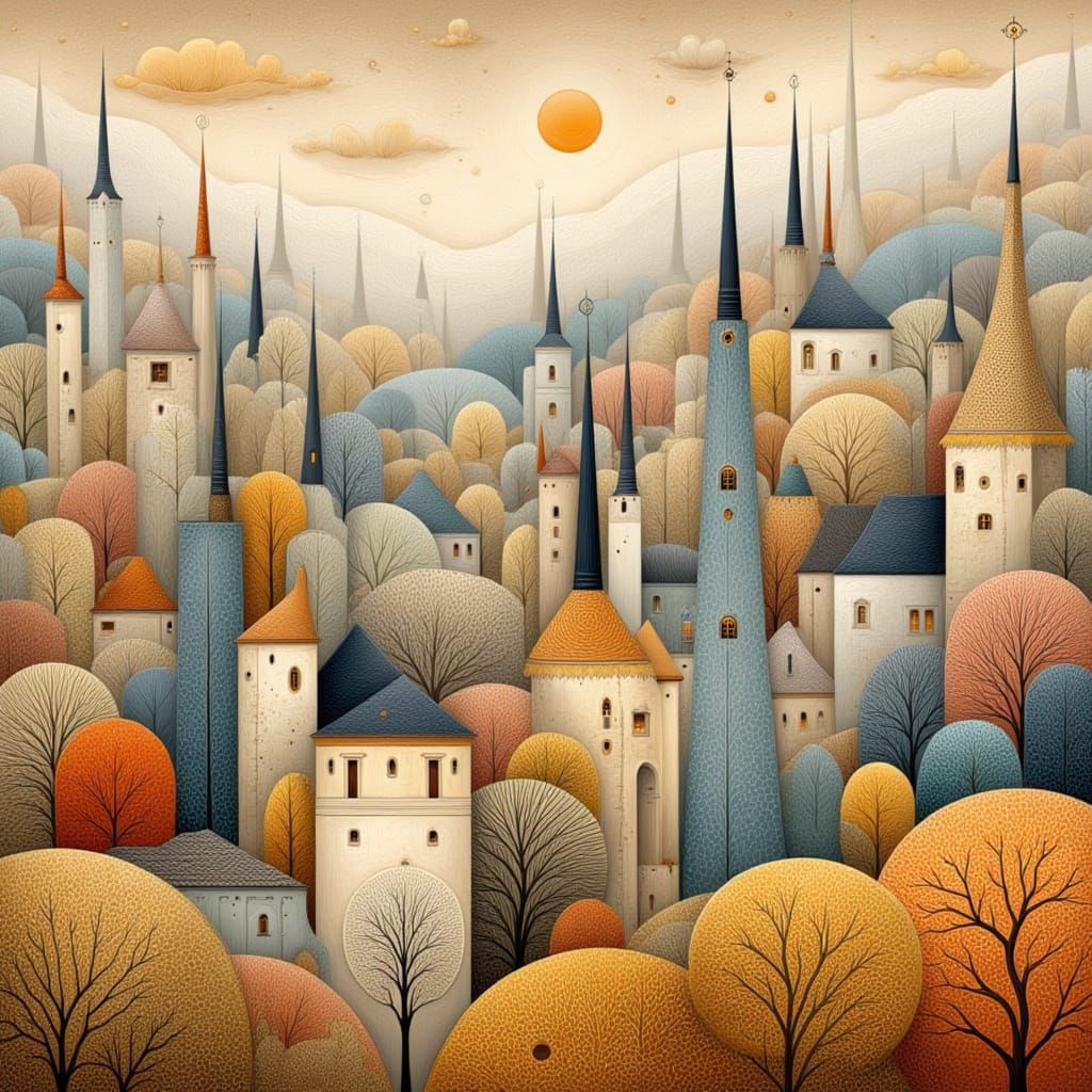 Romantic Village in Klimt-Inspired Art Deco Style