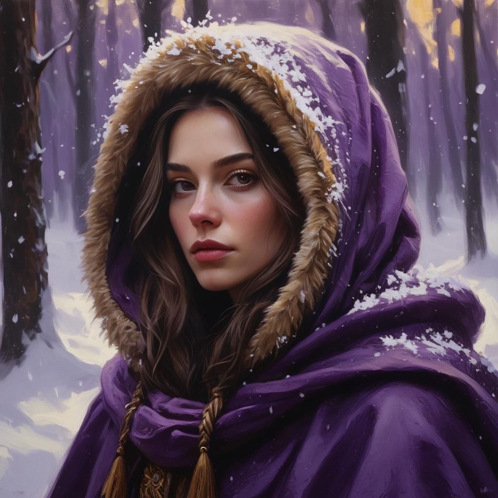 Winter Woman in Purple Cloak: Fantasy Portrait