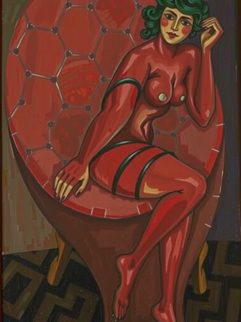 Cubist Woman with Red Body and Green Hair