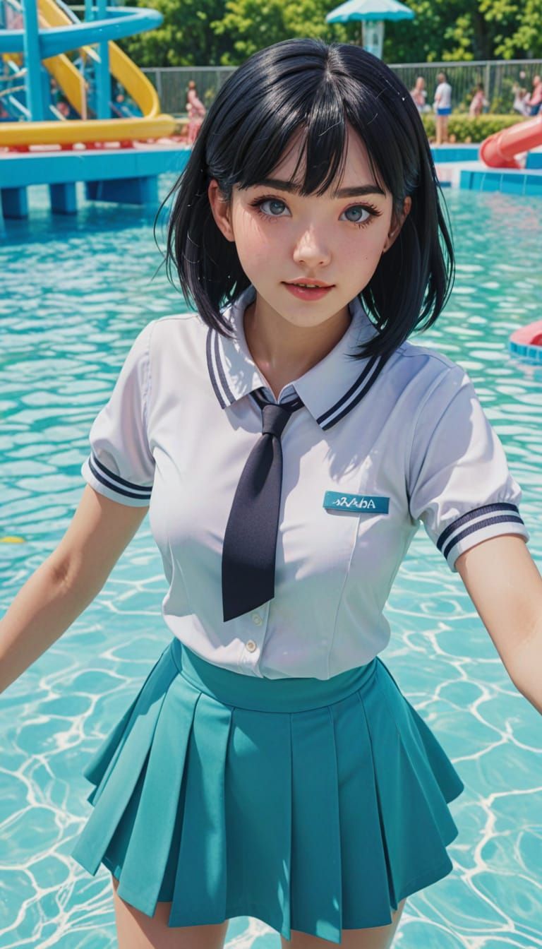 Anime Schoolgirl in Aqua Park: Vibrant Moe Art
