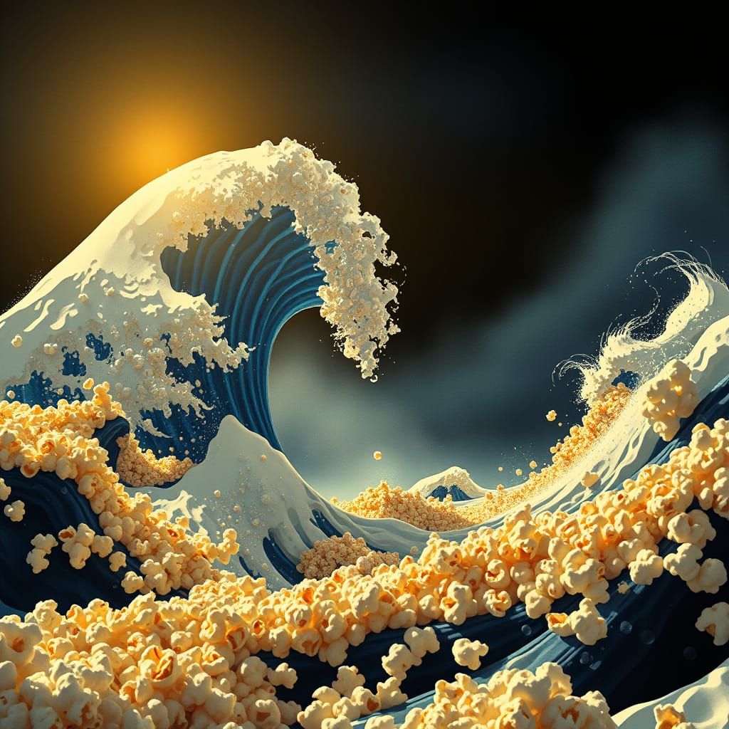 Giant Popcorn Wave in Woodblock Print Style