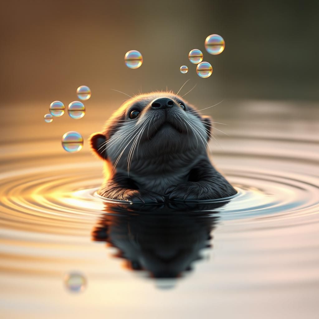 Baby Otter's Rainbow Bubble Dreams in Sunset