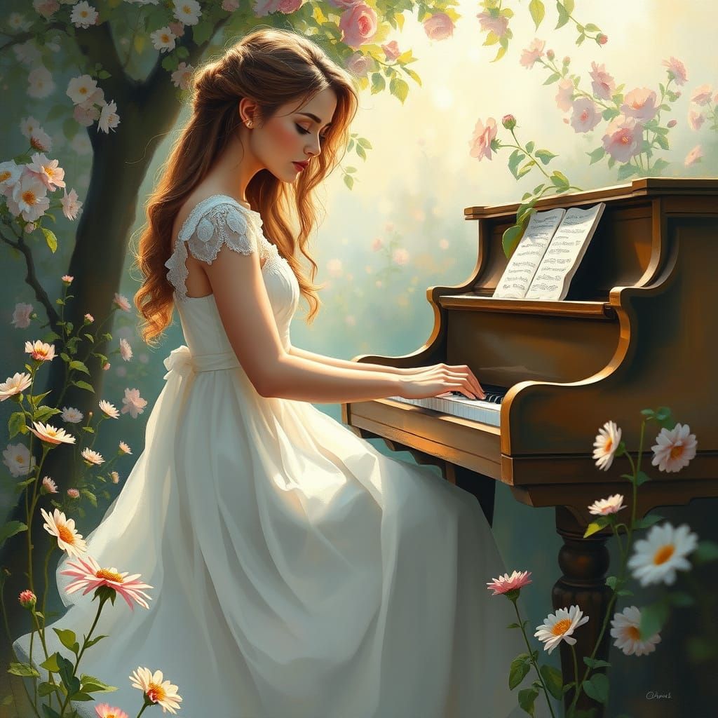 Woman in Garden Playing Piano in Oil Painting Style