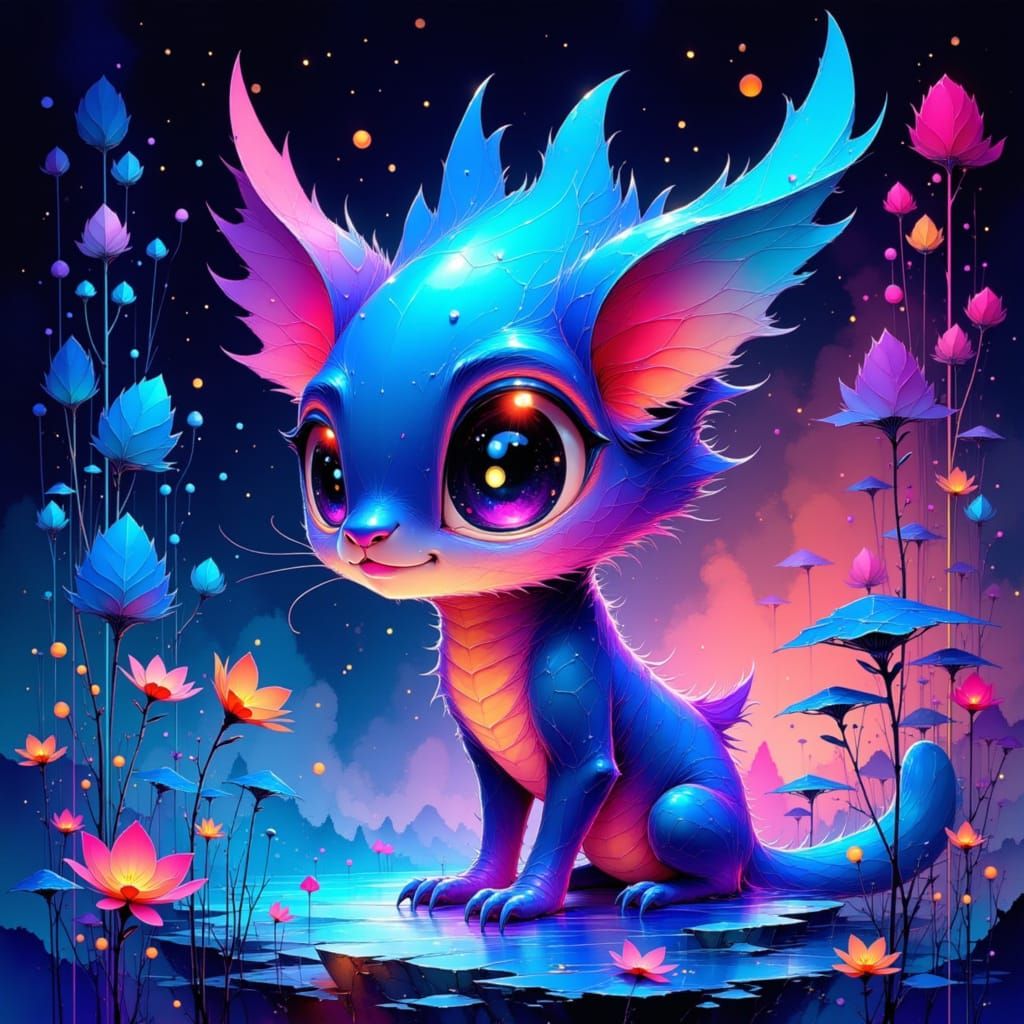 Magical Creature in Manga Style with Bioluminescent Plants