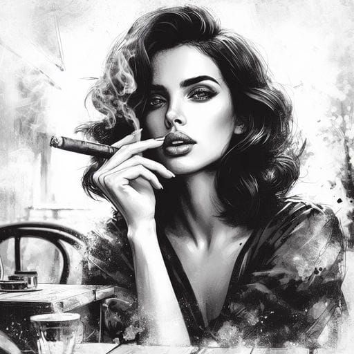 Beautiful Woman Smoking Cigar in 1920s Cafe