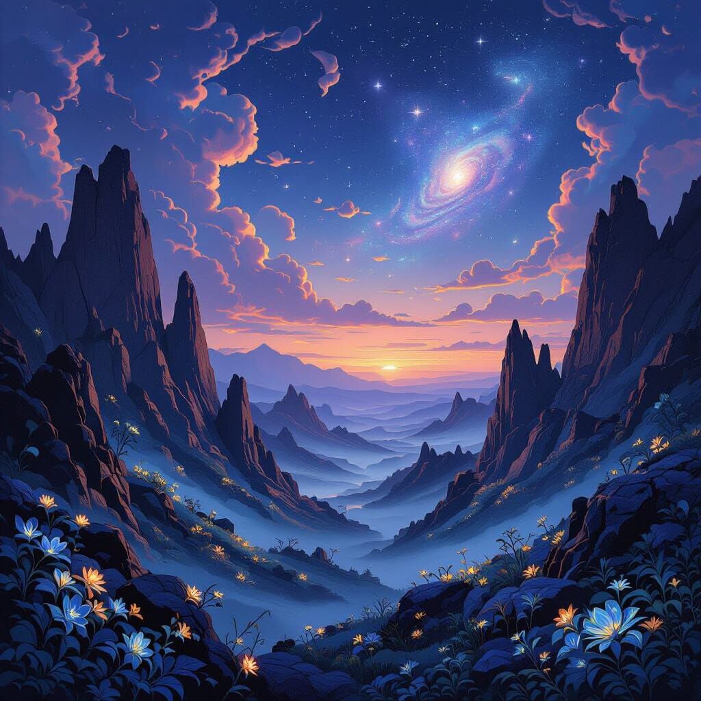 Ethereal Twilight Landscape with Bioluminescent Flora