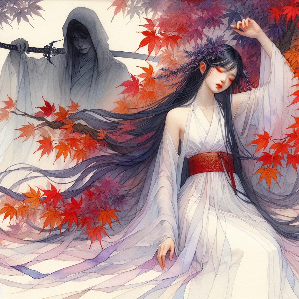 Ethereal Woman Sleeping by Maple Tree in Watercolour