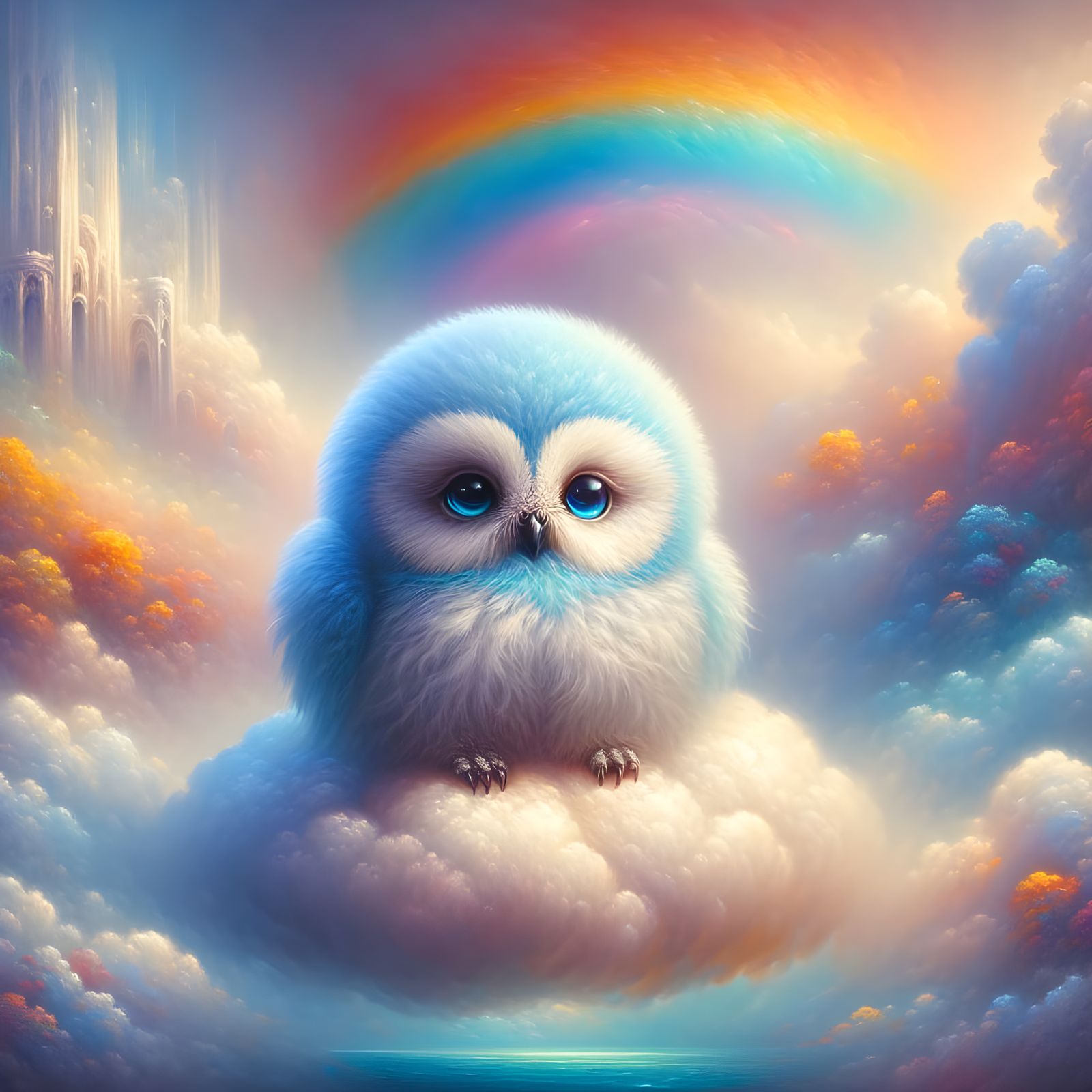 Fluffy Blue Owl on Cloud with Rainbow, Pastoral Style