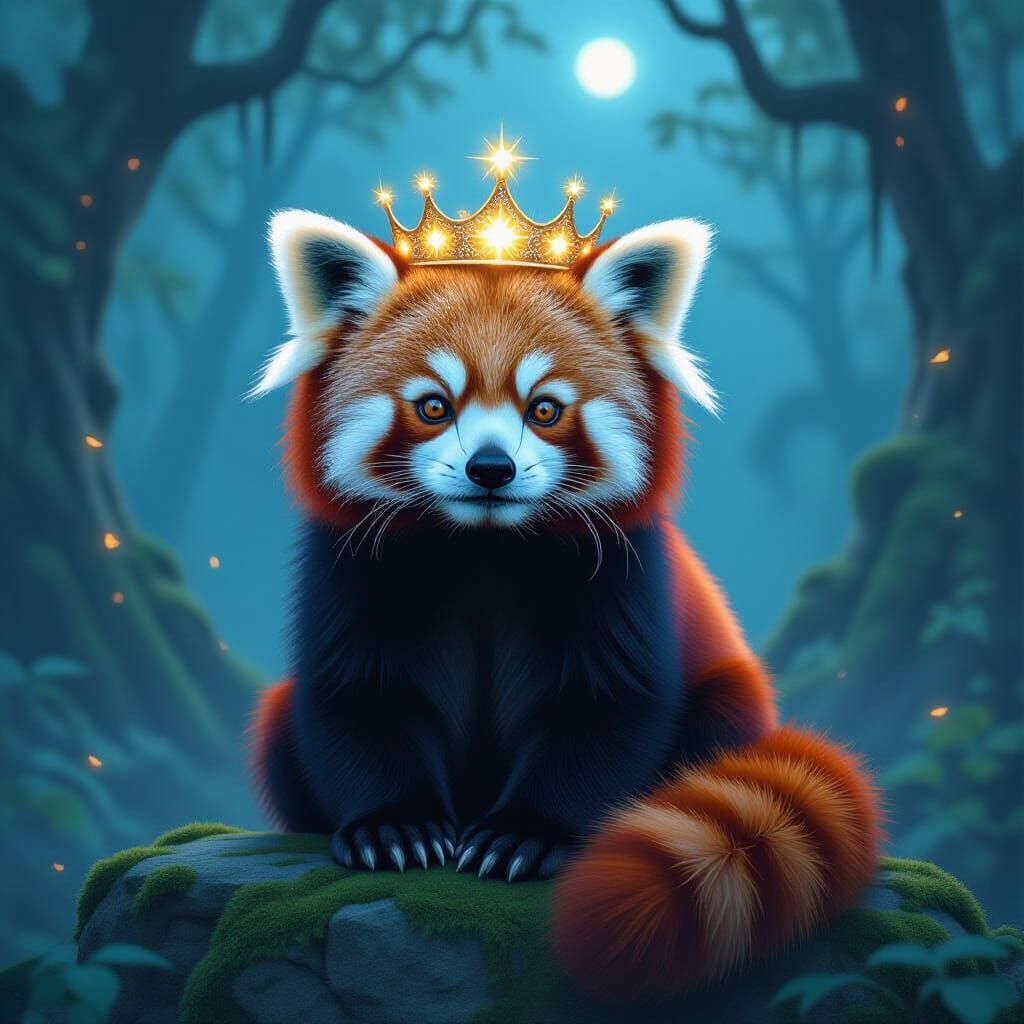 Red Panda Queen Crowned with Moon Petals in Twilight Forest