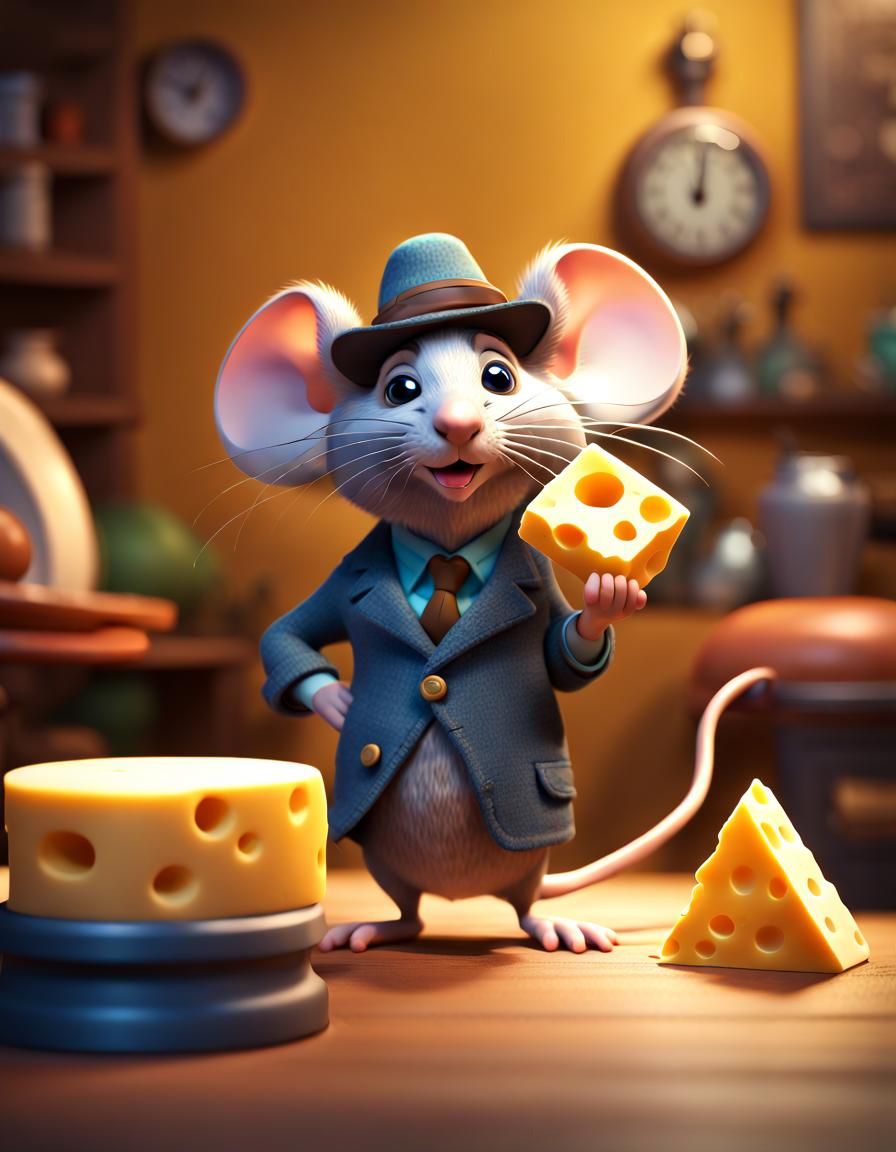 Fluffy Mouse Detective on the Cheese Quest: 3D Digital Art