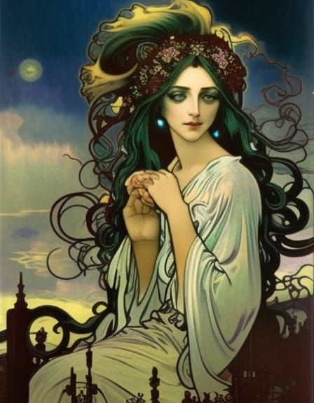 Ethereal Spirit in Graveyard, Art Nouveau Style