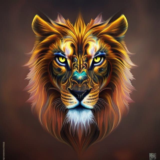 Cosmic Lion Portrait in Acrylic Ink Style