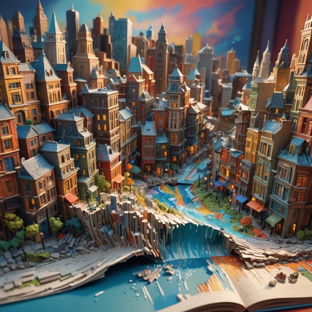 Hyperrealistic City Model Emerging from Book