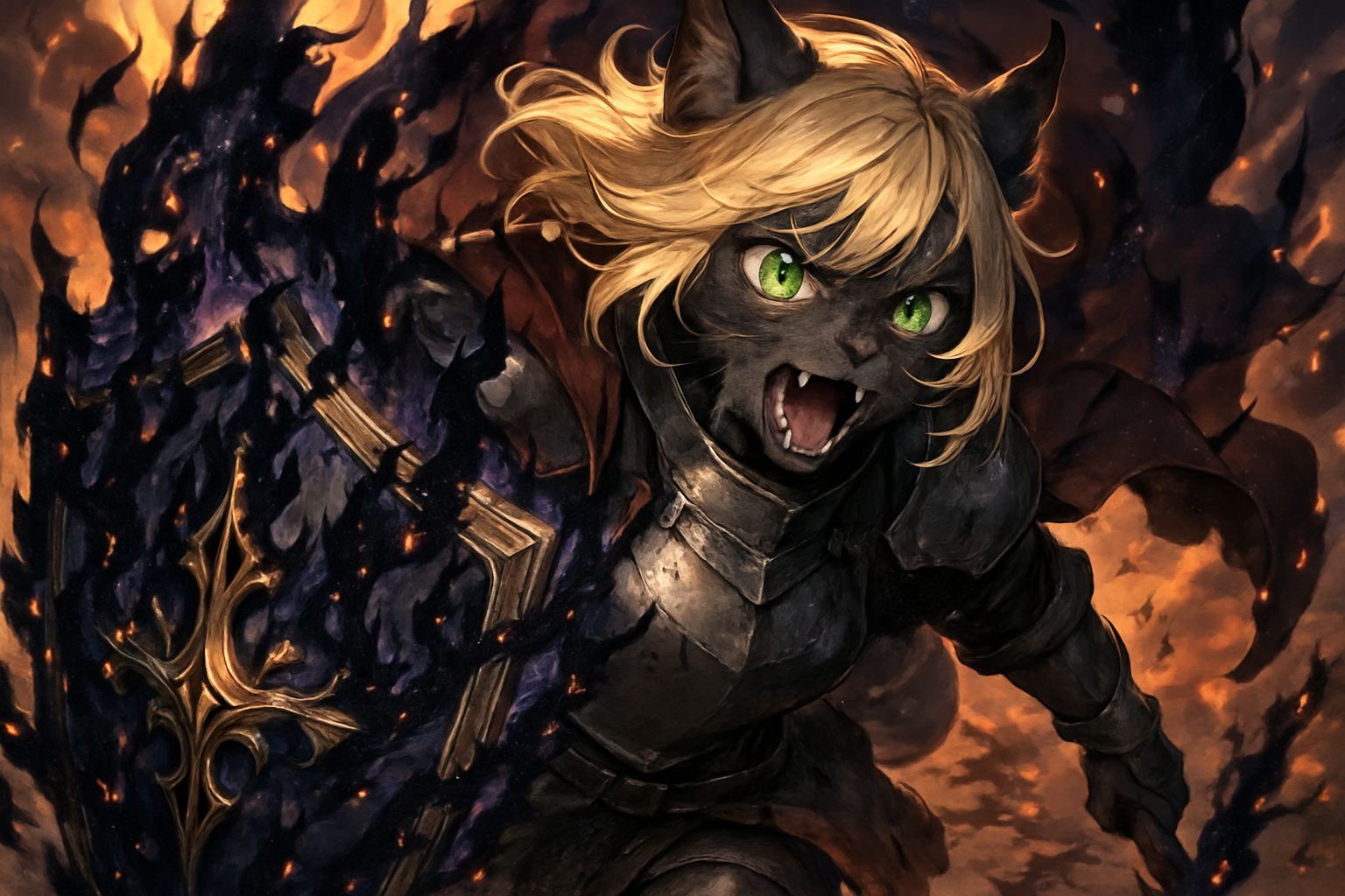 Anime Knight: Furry Cat Warrior with Flaming Shield
