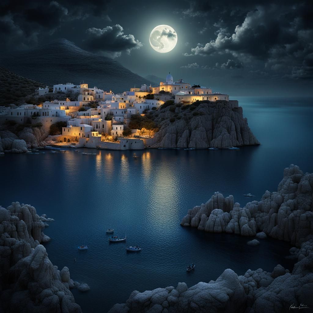 Moonlit Waters: A Greek Island Dreamscape