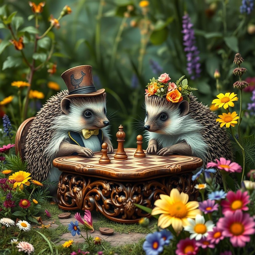 Whimsical English Countryside Scene with Hedgehogs Playing C...