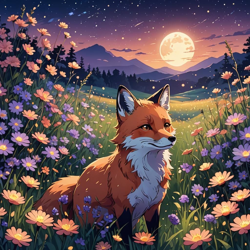 Fox in a Flower Field at Night in Anime Style