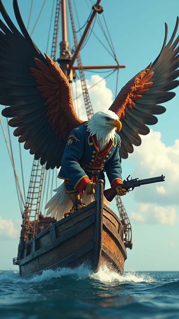 Bald Eagle Pirate Captain Soaring Above Ship