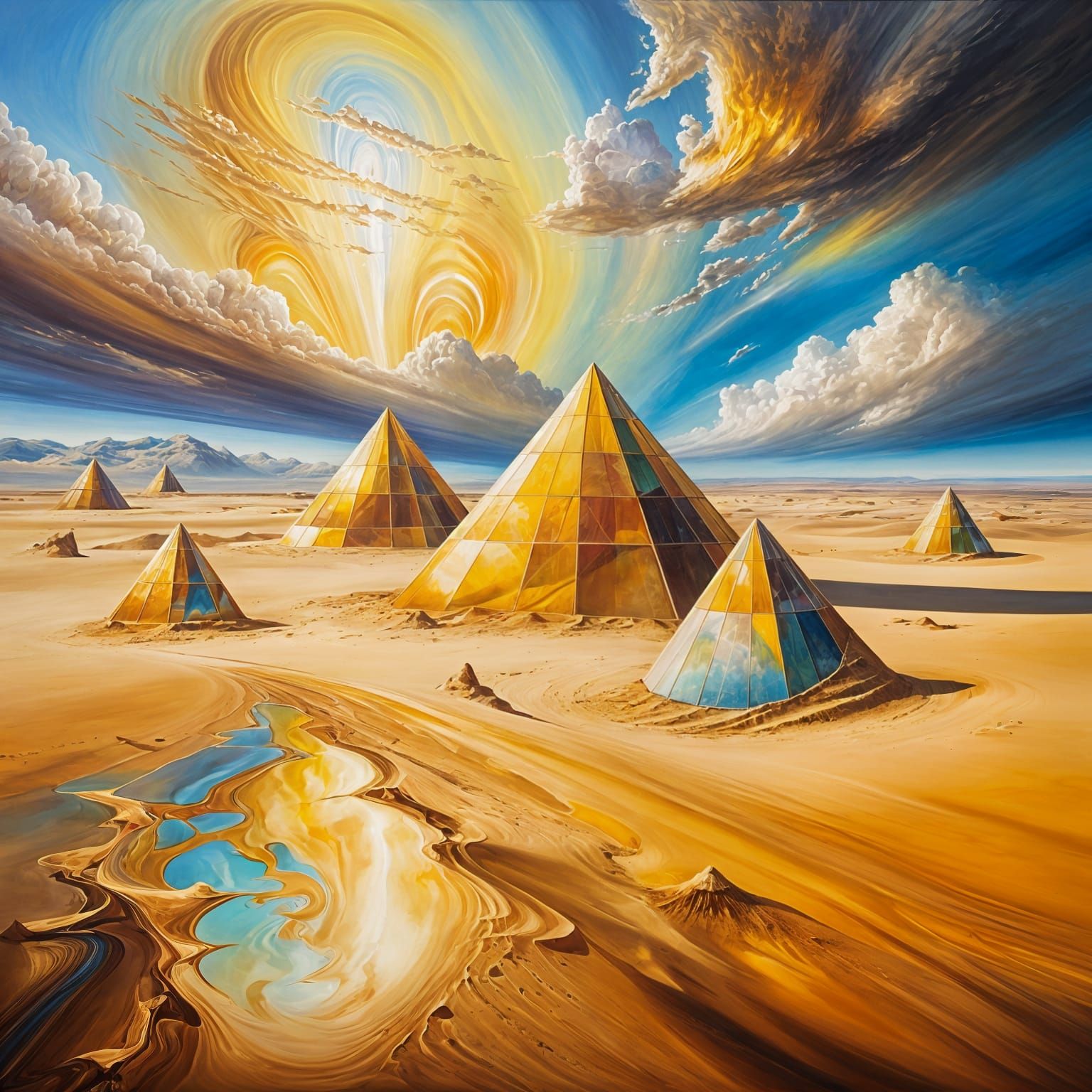 Glass Pyramids in Surreal Desert Landscape