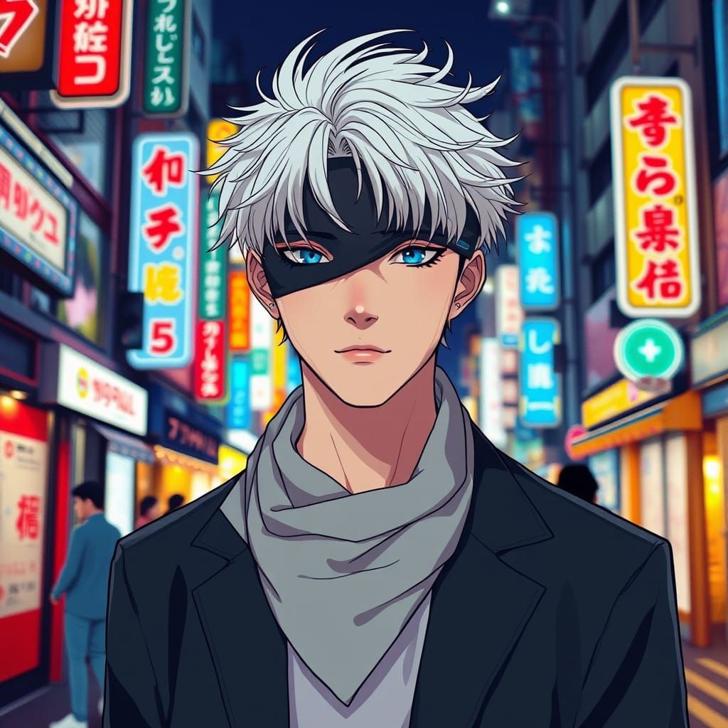 Confident Tokyo Youth with Unruly Hair and Blindfold