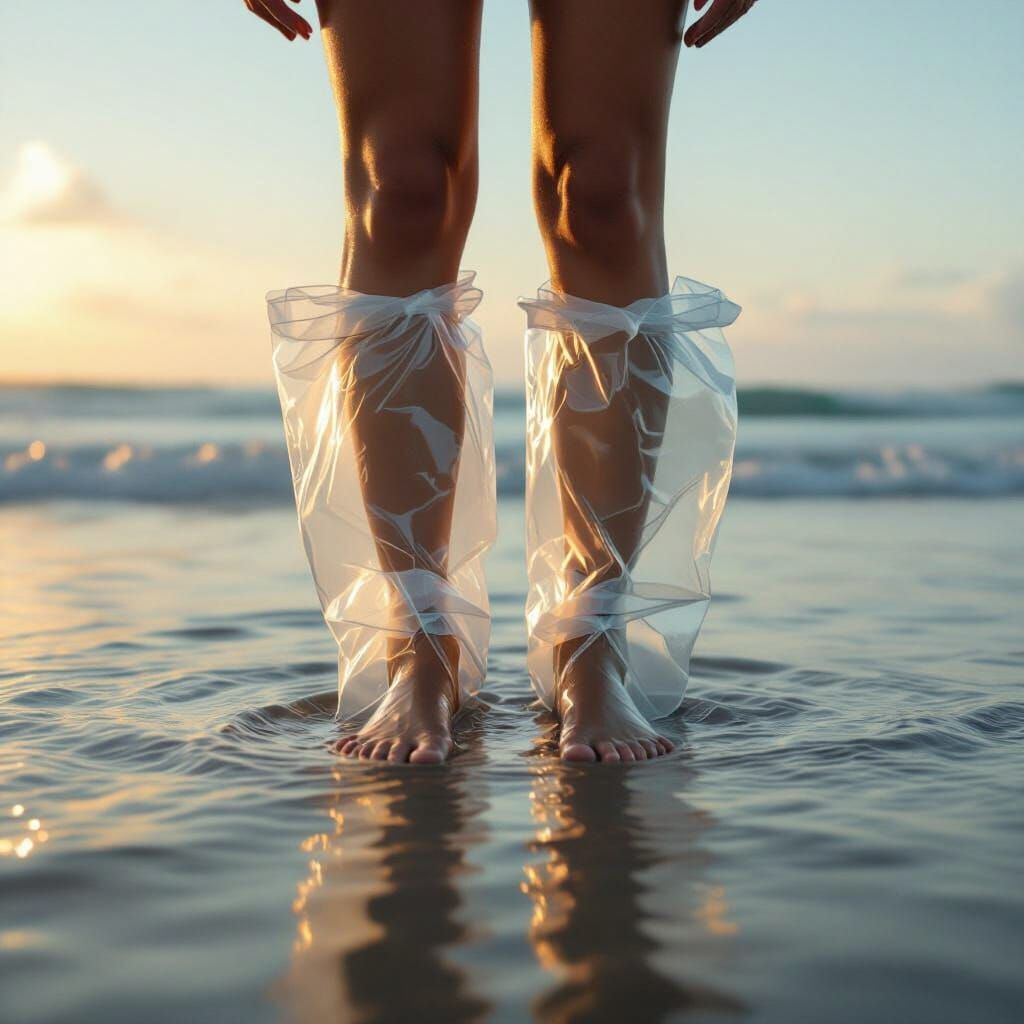 Person Wades in Ocean Water with Plastic Bag Boots at Sunset