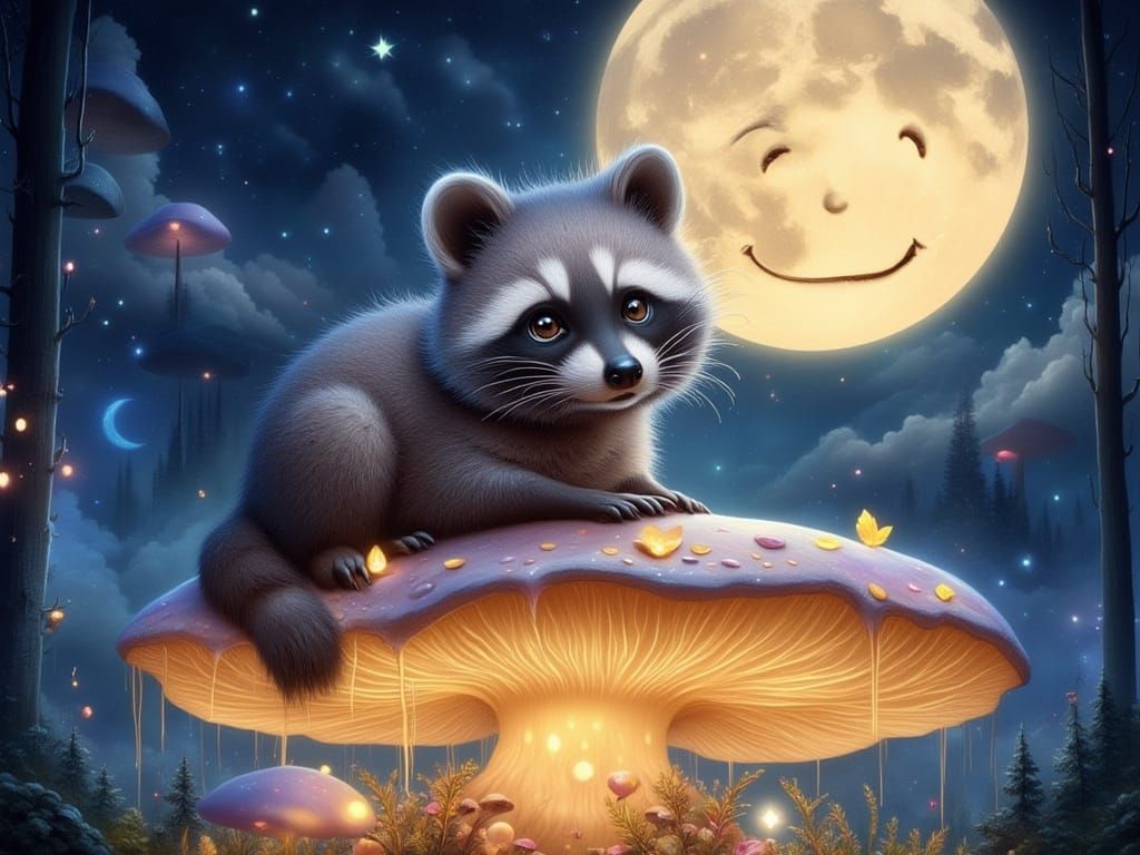 Baby Raccoon on Glowing Mushroom Under Smiling Moon