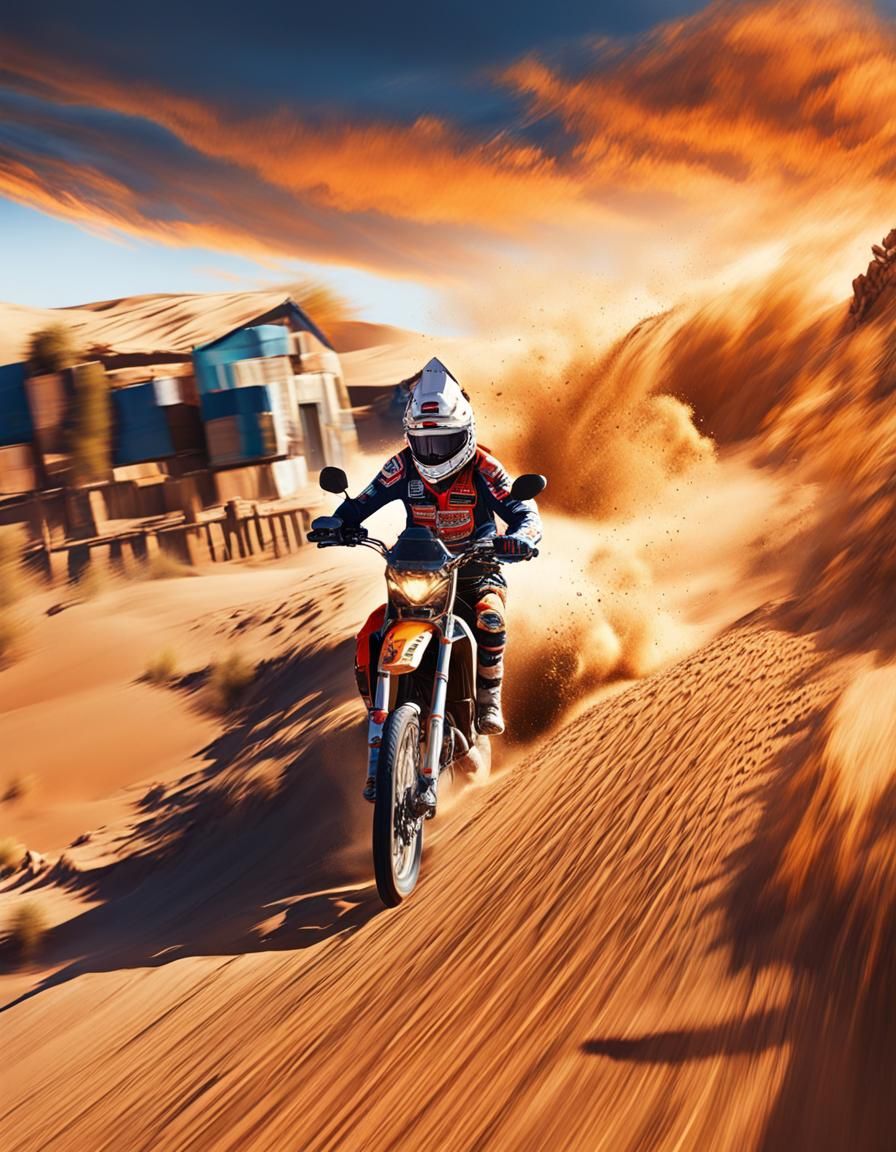 Motorcycle Rider in Desert Rally: Hyper-Realistic Splash Art