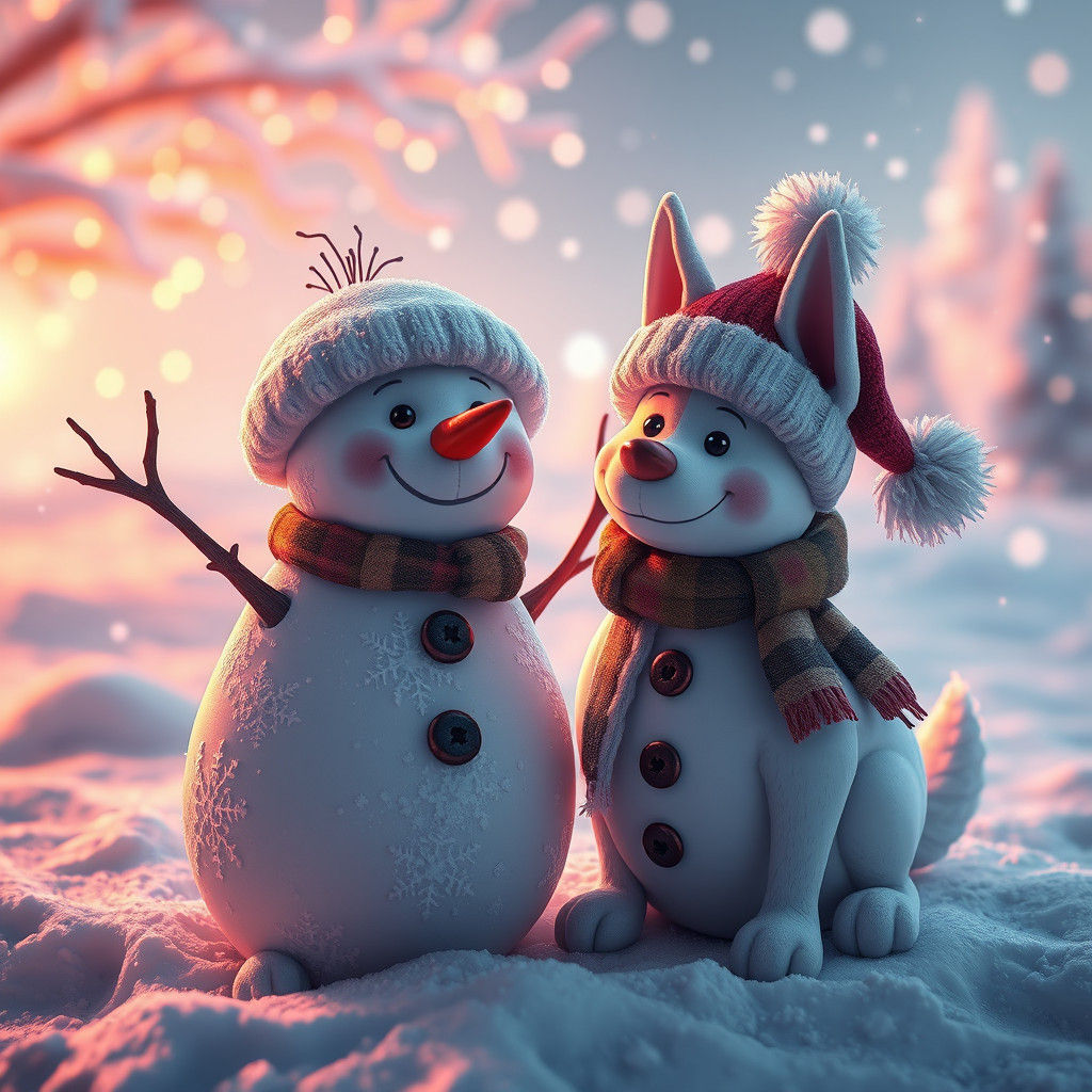 Snowman and Snowdog Winter Fairytale, Matte Painting Style