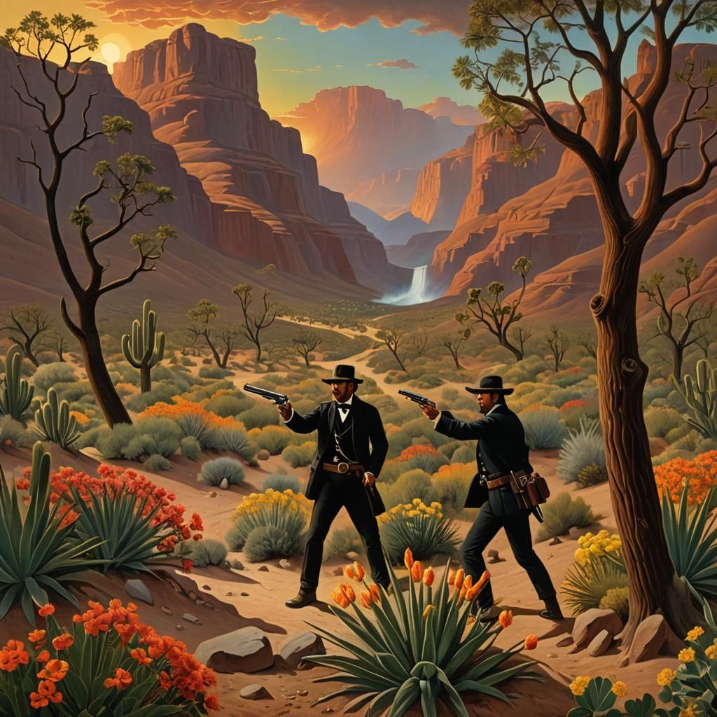 Outlaws Duel in Desert Canyon, Maximalist Oil Painting