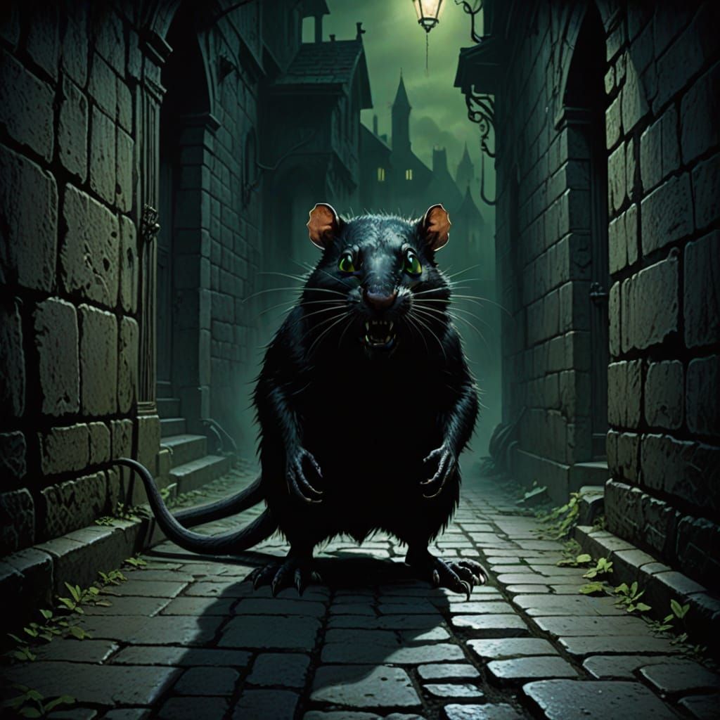 Gothic Whimsy Giant Black Rat Emerges from Shadows