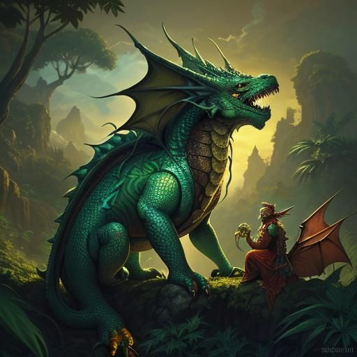 Man and Dragon Tend Cannabis Garden in Oil Painting