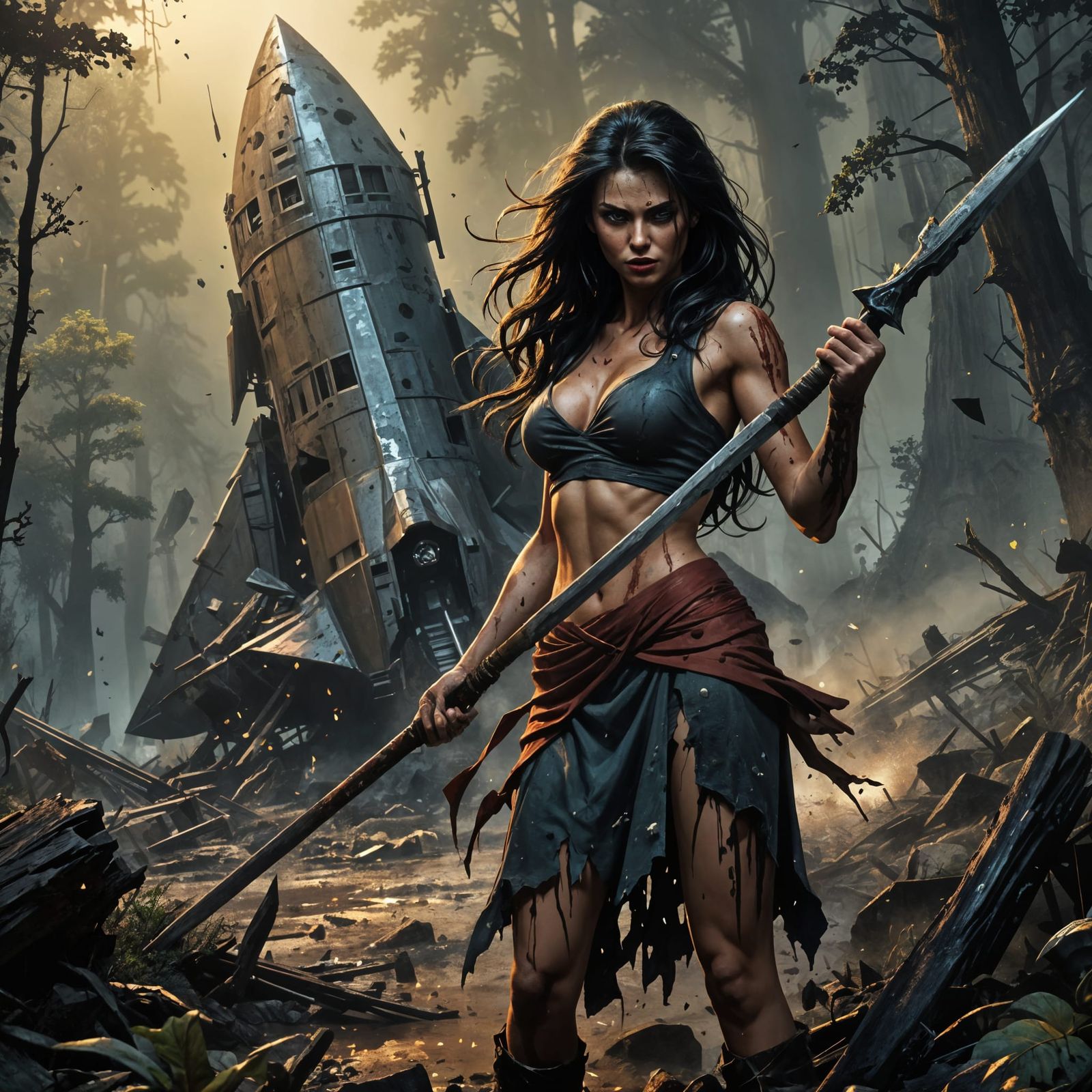 Fierce Woman Survivor in Crashed Rocket Scene